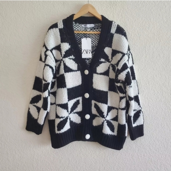 NEW * Zara Black White Checkered Knit Jacquard Chunky Knit Oversized Cardigan - Picture 16 of 16